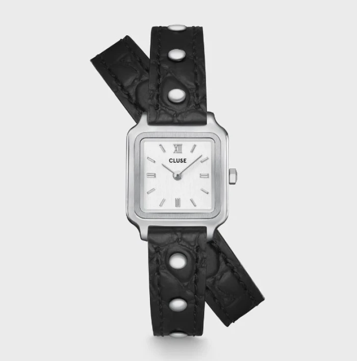 Gracieuse Mini Watch Double Leather Black, Studs, Silver Colour