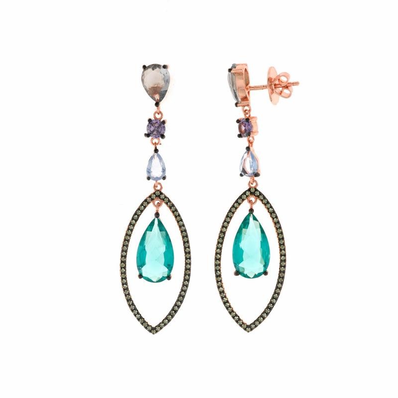 PENDIENTES PLATA CHAPADO ROSA PERA CRISTAL VERDE,