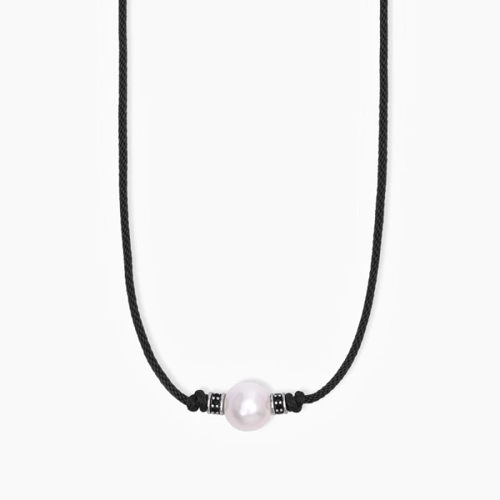 Collar de plata con cordón negro y perla blancaTROPICAL