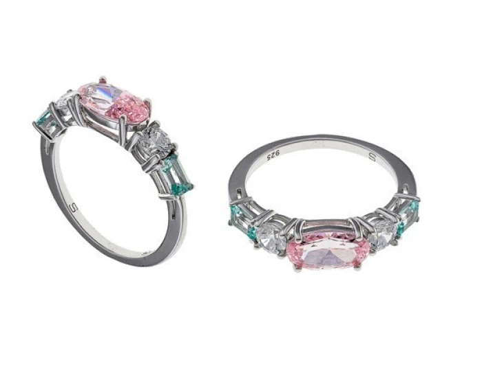 ANILLO PLATA OVALO CIRCONITA ROSA BAGUET