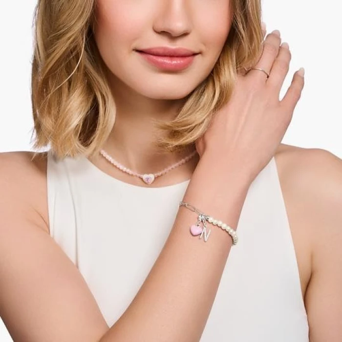 17CM PULSERA CHARM CON PERLAS BLANCAS Y ENLACES PLATA