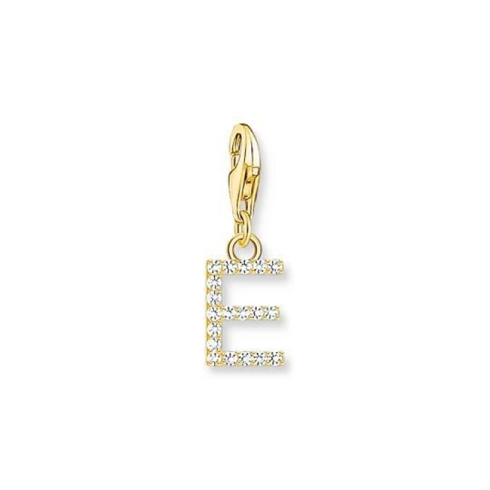 COLGANTE CHARM LETRA E CON PIEDRAS BLANCAS CHAPADO EN ORO