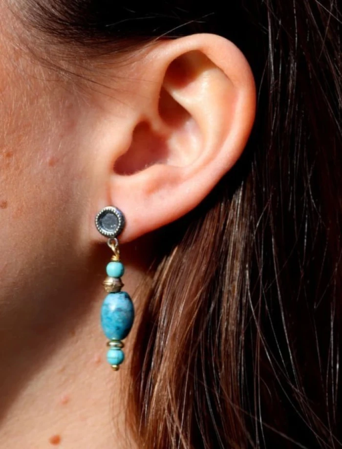 Pendientes Safi de Plata 925, Turquesa, Bronce y Ojo de tigre azul