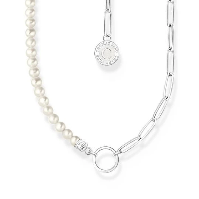 CADENA CHARM CON PERLAS BLANCAS Y ENLACES PLATA