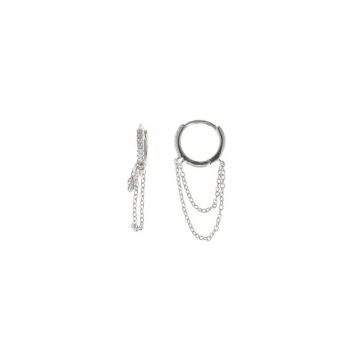 PENDIENTES PLATA RODIO ARO CIRCONITAS BLANCAS CON CADENA DOBLE