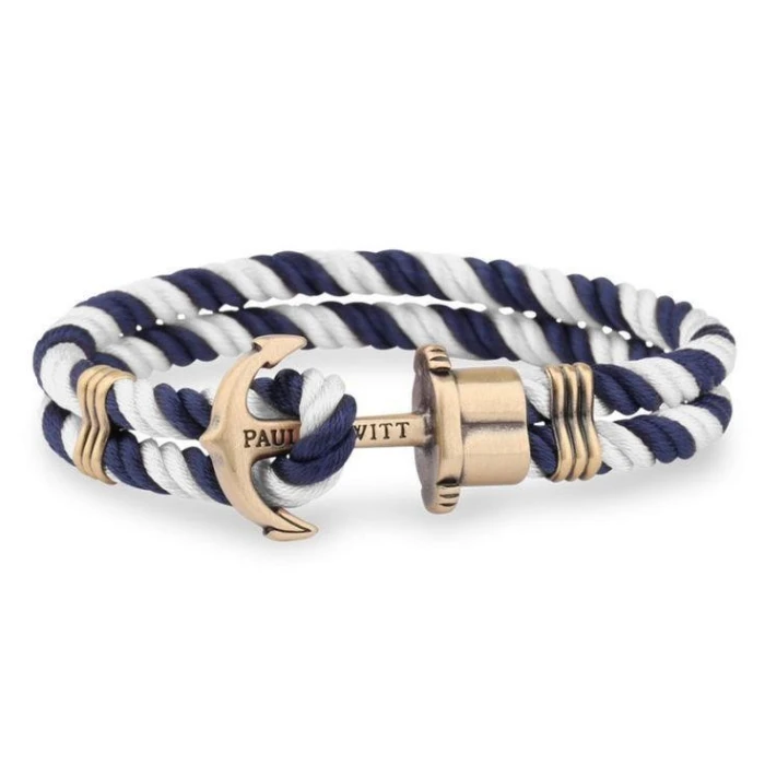 PULSERA NYLON AZUL/BLANCO ANCLA DORADA
