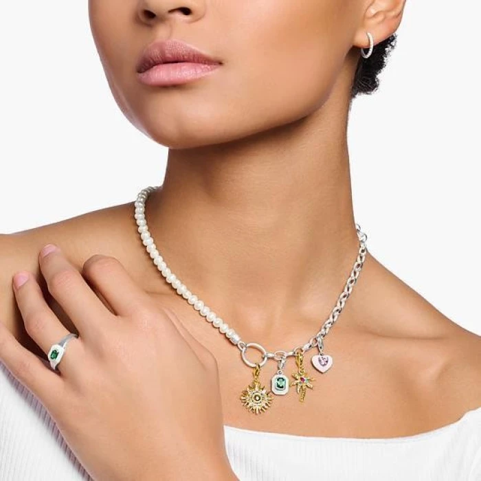 CADENA CHARM CON PERLAS BLANCAS Y ENLACES PLATA