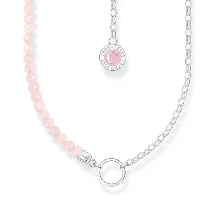 CADENA CHARM CON CUARZO ROSA BEADS Y CHARMISTA COIN PLATA