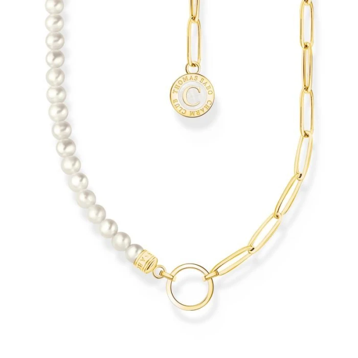 CADENA CHARM CON PERLAS BLANCAS Y CHARMISTA MEDALLA CHAPADO EN