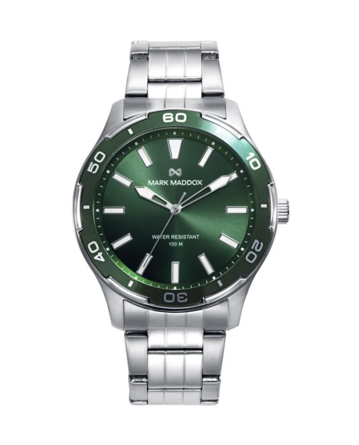 Reloj caja de acero con bisel verde 10 atm y brazalete de acero con movimiento cuarzo