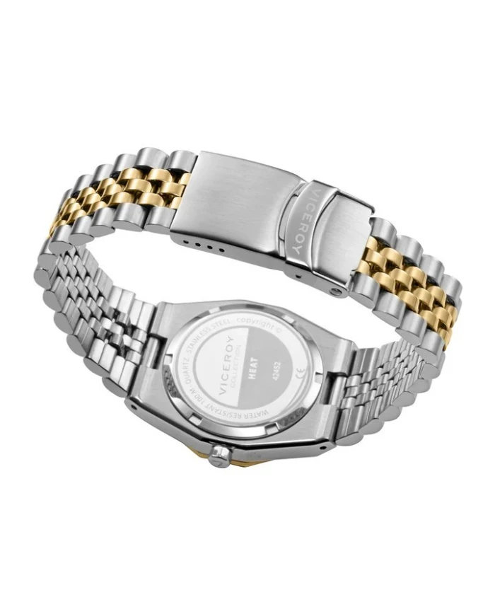 Reloj caja de acero con bisel rotarorio 10 Atm, brazalete bitono de acero e Ip dorado , movimiento cuarzo