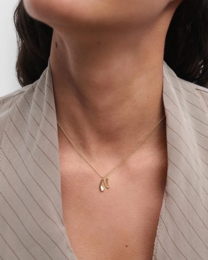 Collar de plata de ley con baño de oro y colgante de inicial N en suaves líneas curvas