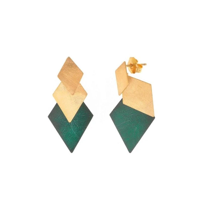 PENDIENTES PLATA CHAPADO DORADO TRES ROMBOS UNO ESMALTADO VERDE OSCURO BARNIZ HIPOALERGENICO