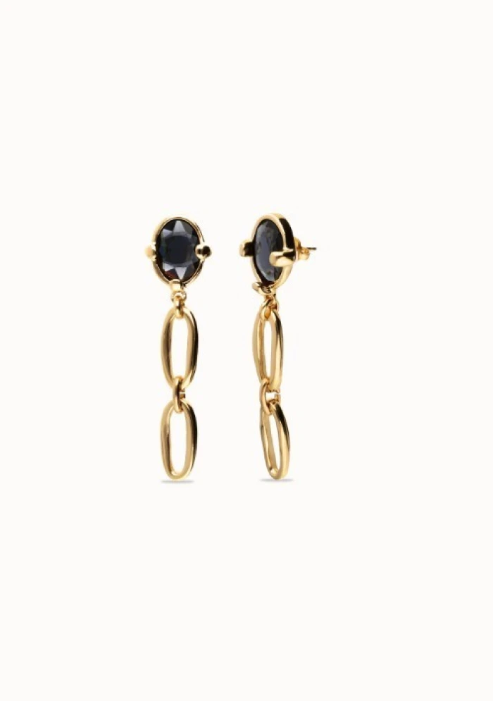 Pendientes largos bañados en oro 18k con cristal facetado negro y eslabones