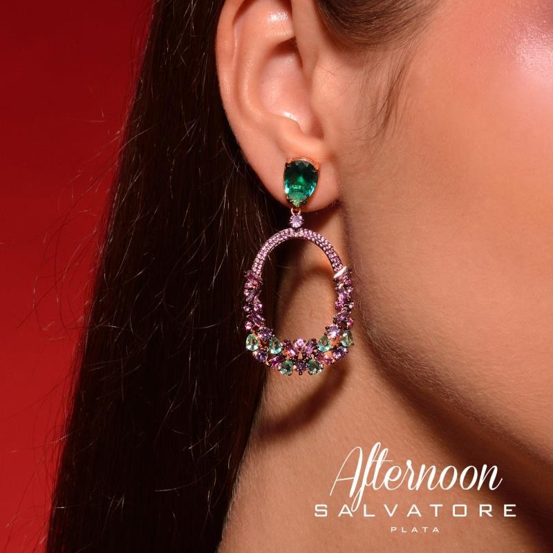 PENDIENTES PLATA CHAPADO ROSA OVALO CRISTAL VERDE