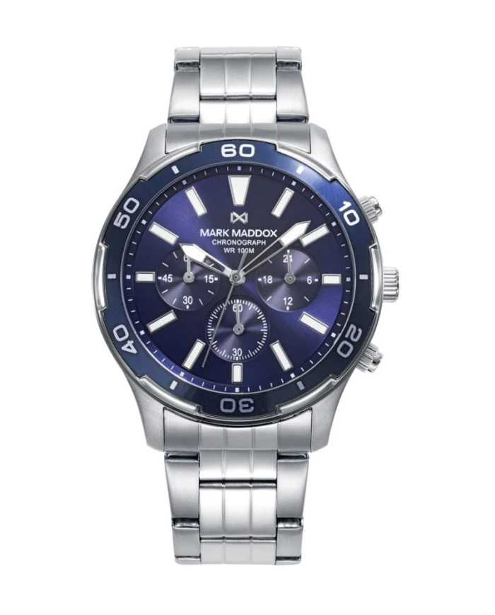 Reloj caja de acero con bisel azul 10 atm y brazalete de acero con movimiento cuarzo
