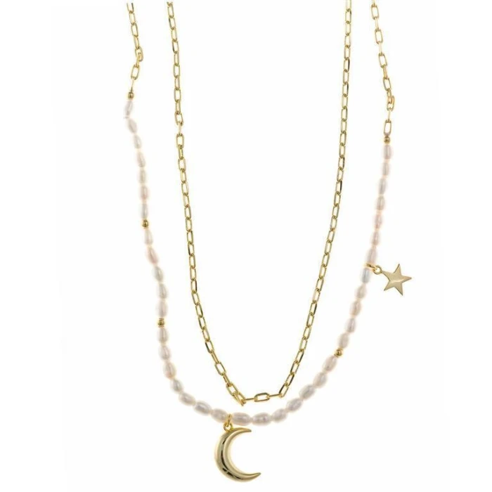 COLLAR PLATA CHAPADO DORADO DOBLE PERLA ARROZ IRREGULARES ESTRELLA Y LUNA / COLLAR PLATA BAÑO ORO DOBLE PERLA ARROZ IRREGULAR ES