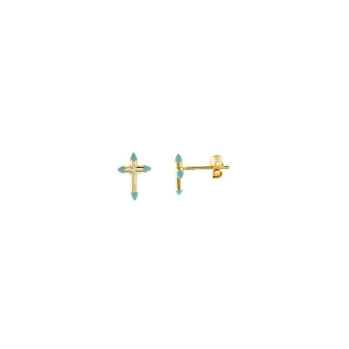Pendientes Salvatore Mujer Cruz Plata Baño Oro y Esmalte Verde TURQUESA