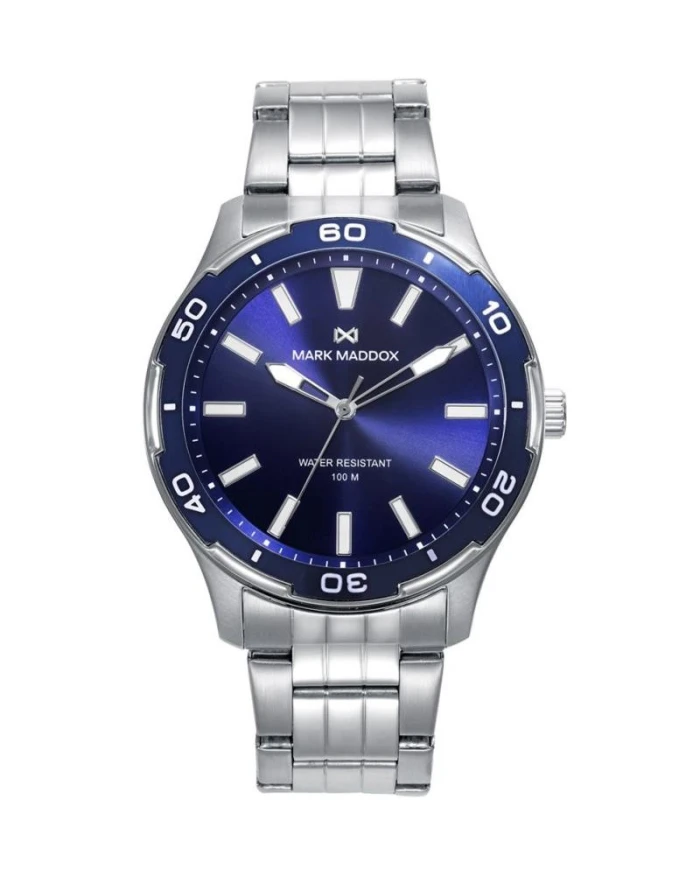 Reloj caja de acero con bisel azul 10 atm y brazalete de acero con movimiento cuarzo