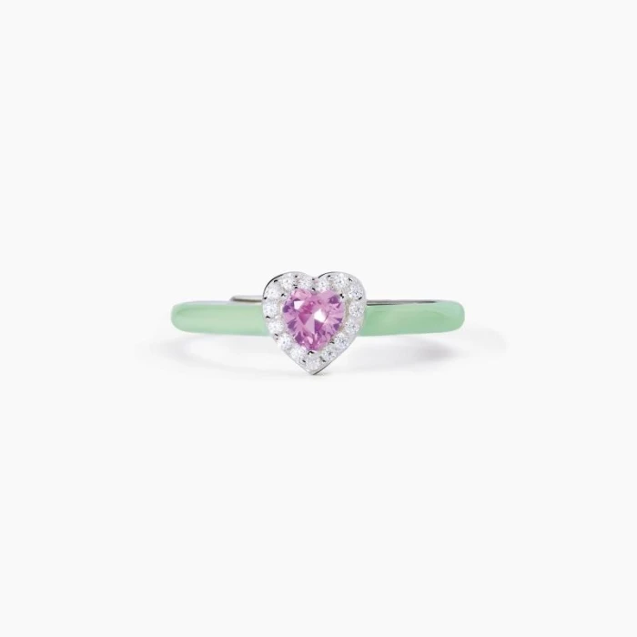 Anillo de plata con esmalte verde y corazón rosa.AMORÍO