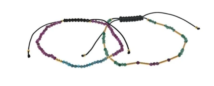PULSERA PLATA CHAPADO DORADO BOLITAS RUBI Y APATITA ESFERAS FACETADAS HILO NEGRO AJUSTABLE
