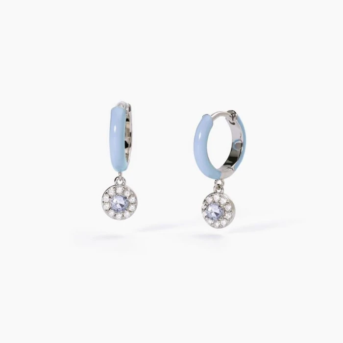 Pendientes aros de plata con esmalte azul y circonita aguamarina