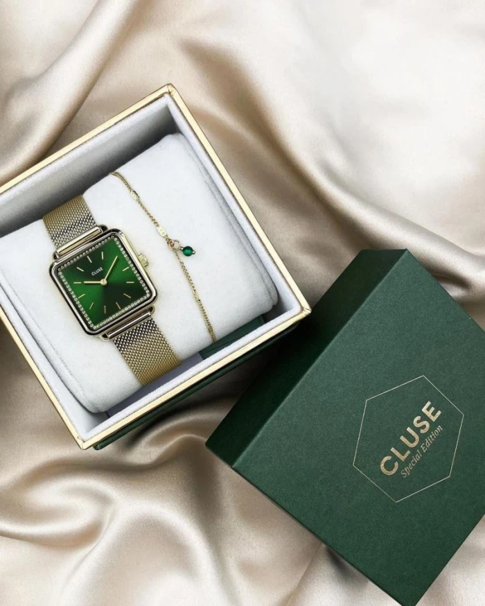 Gift Box La Tétragone Mesh and Malachite Bracelet Gold Colour