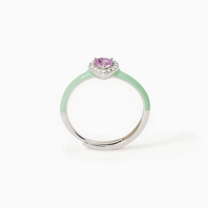 Anillo de plata con esmalte verde y corazón rosa.AMORÍO