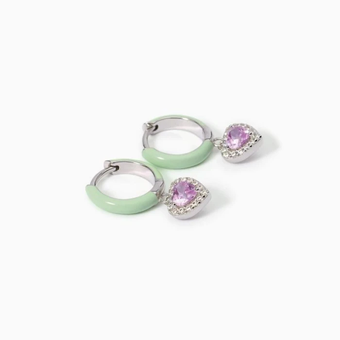 Pendientes aros de plata con esmalte verde y circonita rosa