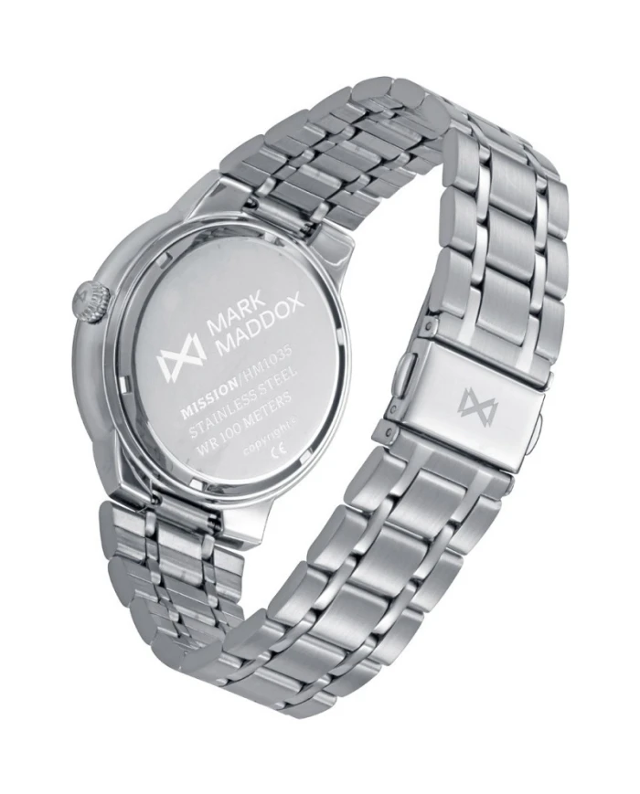 RELOJ con caja de acero, bisel de aluminio plateado, esfera plata y brazalete de acero. Resistencia al agua de 10 ATM