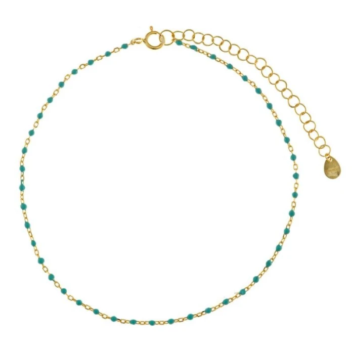 TOBILLERA PLATA CHAPADO DORADO BOLITAS ESMLALTADAS MENTA / TOBILLERA CHAPADO PLATA CUENTAS DORADA ESMALTE MENTA 21+5cm