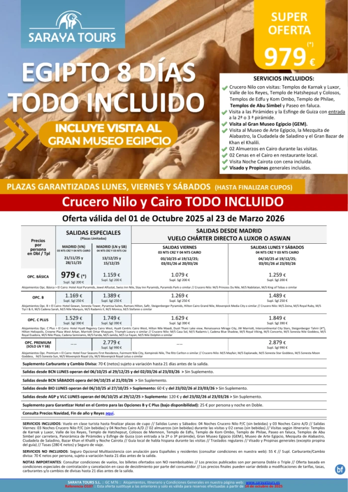 Egipto Todo Incluido 8d. *Salidas Mad,Bcn,Bio,Agp,Vlc* Crucero y Cairo+ visitas, Propinas y Visado